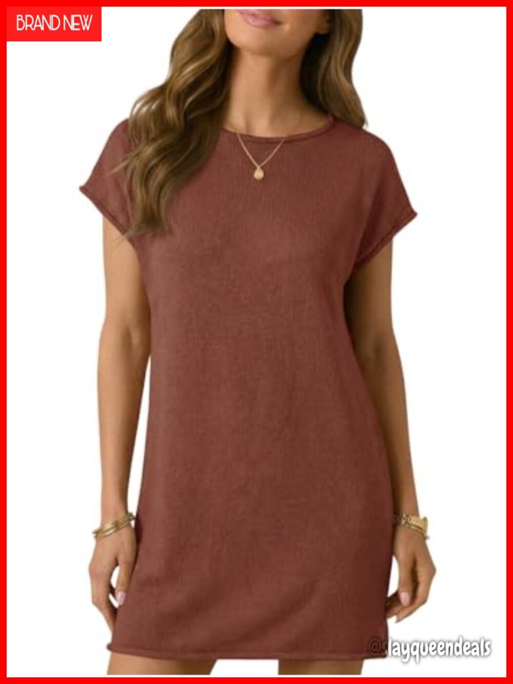 Wenrine Womens Summer Mini Dress Casual Knitted Short Cap Sleeve Loose